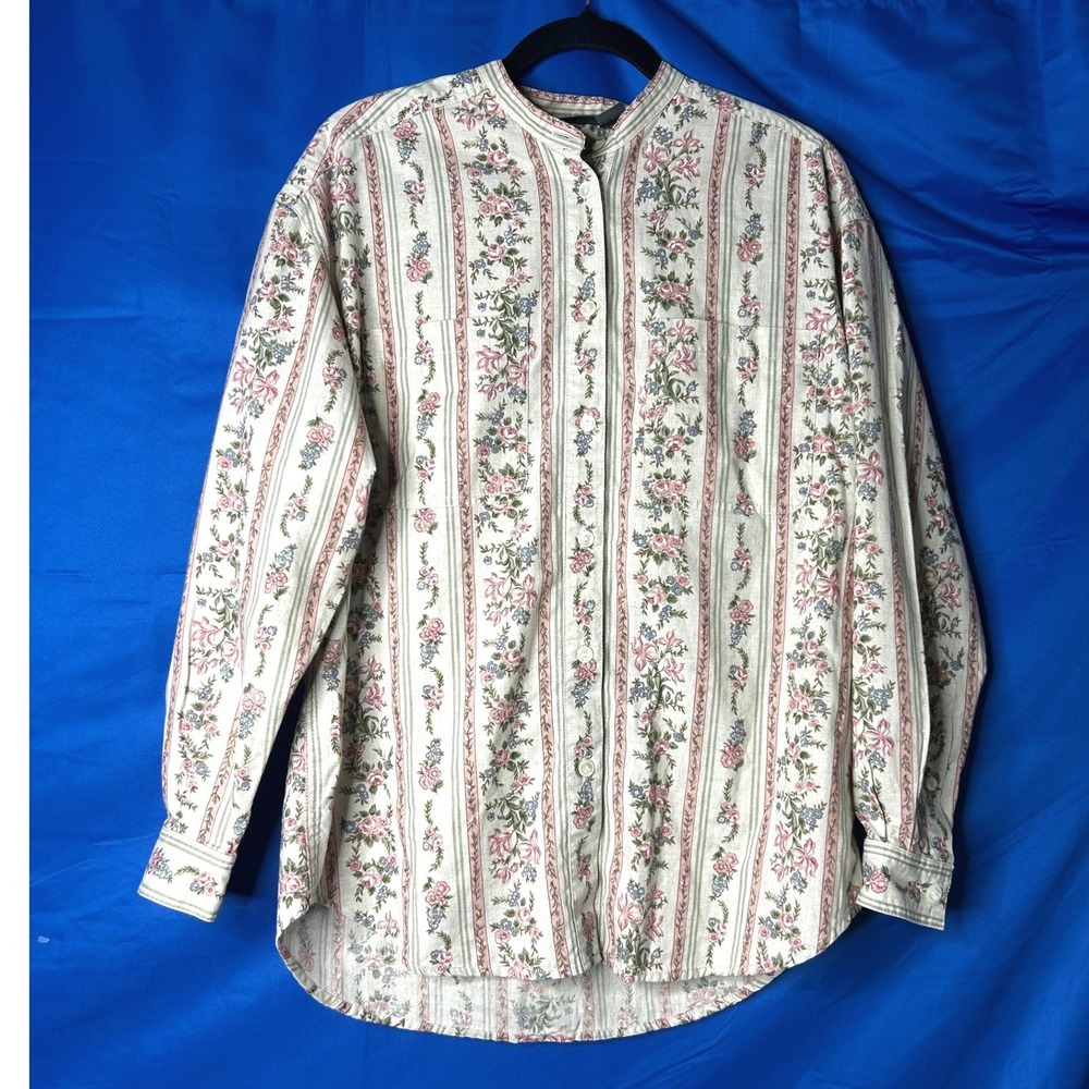 Vtg Lizwear Women Linen Cottagecore Button Down Top Sz M Floral Prairie Feminine